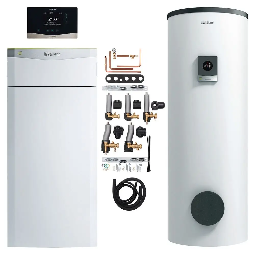 Weiße Vaillant-Heizungs- und Warmwassersystemkomponenten, bestehend aus einem Kessel, einem Warmwasserspeicher und verschiedenen Anschluss- und Montagesystemen.